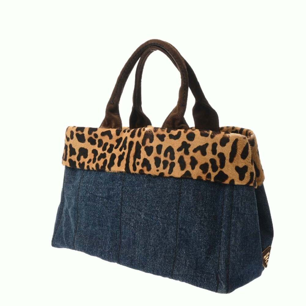 PRADA Canapa Tote Bag, Leopard Print, Navy, Women's, Calf Hair & Denim B Rank... - Picture 3 of 11